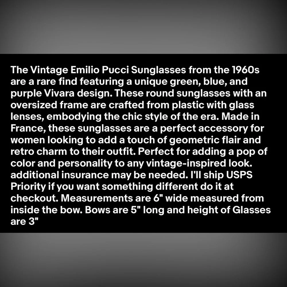 🔥 Vintage Emilio Pucci Sunglasses, 1960's Green Blue Purple/ Vivara Design Chic
